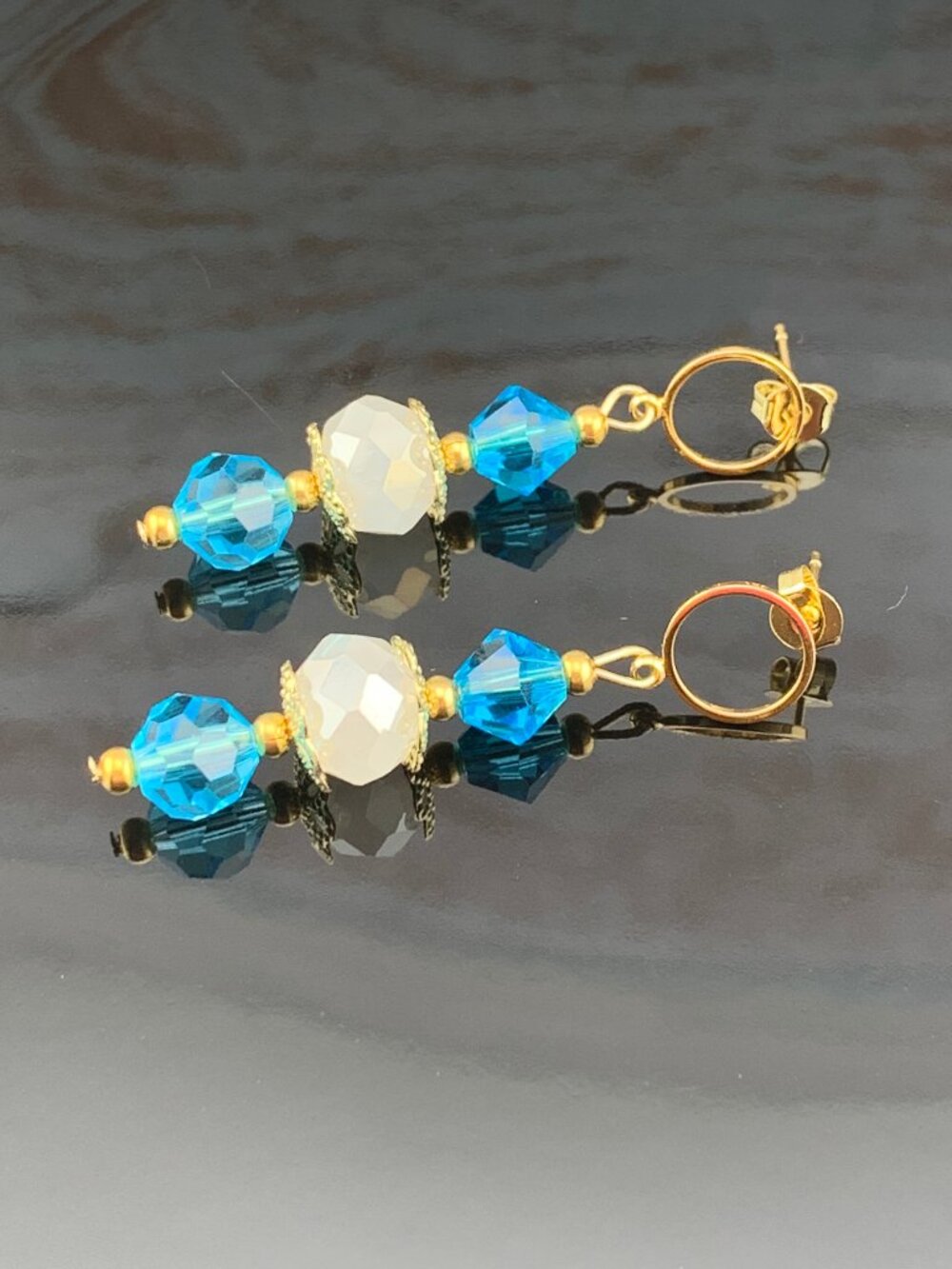 Blue & White Czech Glass Beads Handmade Handcrafted Gold Toned Earrings LR208